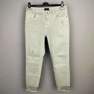 Monari Rhinestone Hem Stretch Cotton Denim Pants Womens 10 Sage Green Distressed